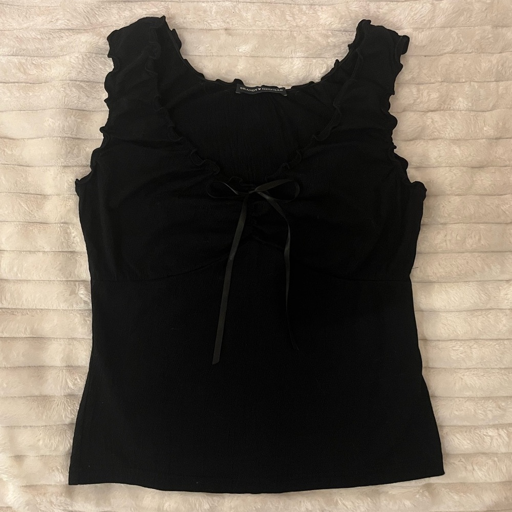 Brandy Melville Black Ruffled Tie Front Tank Top